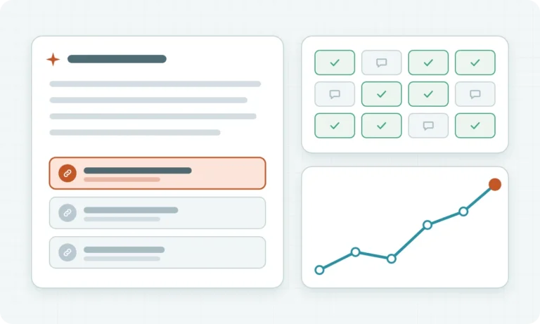 AI answer citing a brand source first, beside prompt-test results and a rising visibility trend