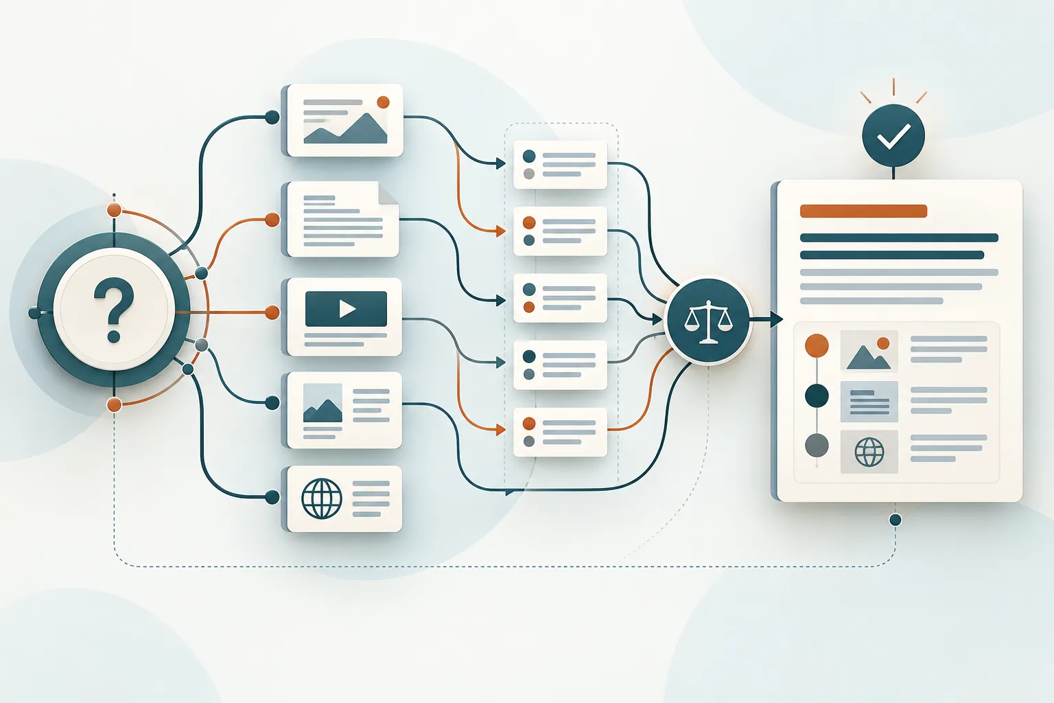 AI search process from a question through retrieved sources to a synthesized, cited answer