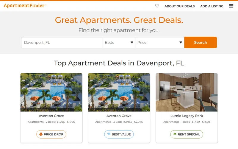 ApartmentFinder.com apartment search homepage