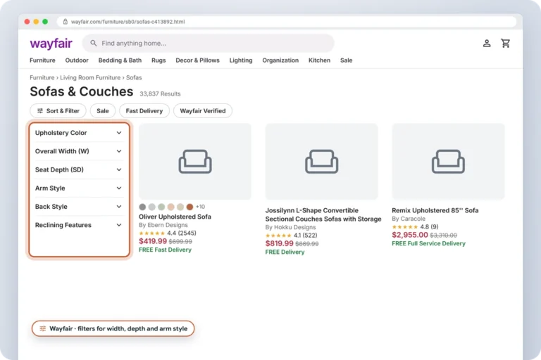 Wayfair sofas and couches category page with width, seat depth, arm style and color filters beside sofa listings with prices, ratings and delivery