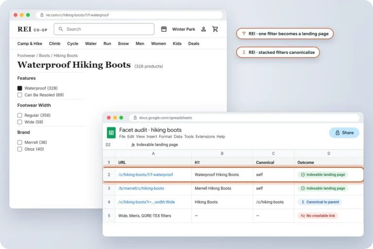 REI waterproof hiking boots filter page beside a facet audit showing single filters as indexable landing pages and stacked filters canonicalized to the parent category