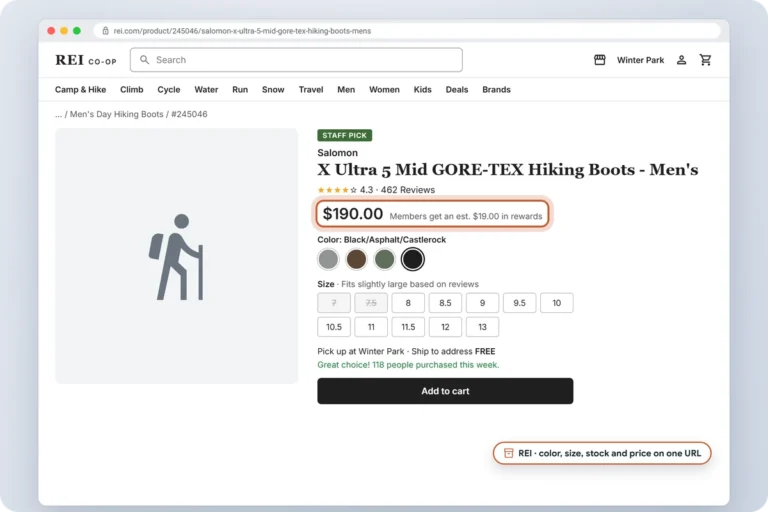 REI product page for the Salomon X Ultra 5 Mid GORE-TEX boot with color and size variants, sold-out sizes, price, member rewards and pickup options