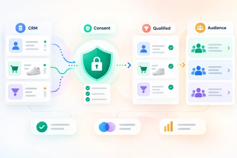 First-party CRM and product data passing through consent and qualification checks before becoming privacy-aware audience signals