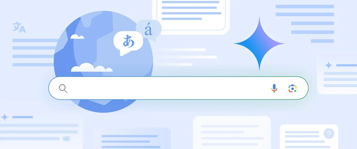 Google AI Overviews global expansion illustration with a search bar and language symbols