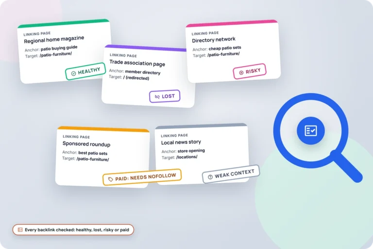 Illustration of backlink cards under a magnifying glass, stamped healthy, lost, risky, paid needing nofollow and weak context