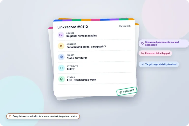 Illustration of a link record card listing source, context, target page, follow attribute and verified live status