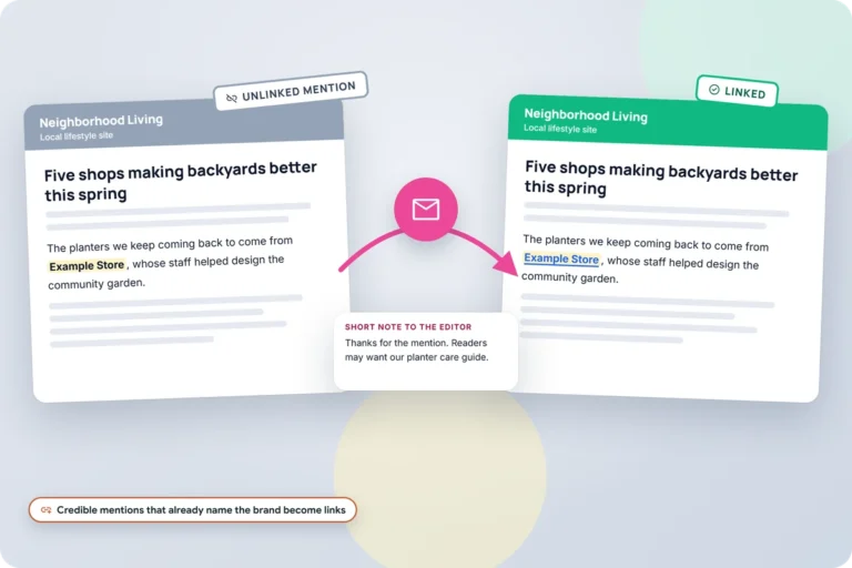 Before and after illustration of an article that names the brand without a link, a short note to the editor, and the same article with the brand linked