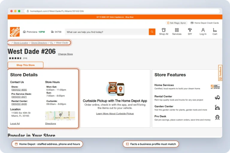 Home Depot West Dade store page in Miami showing store details with phone numbers, store hours and the street address customers visit