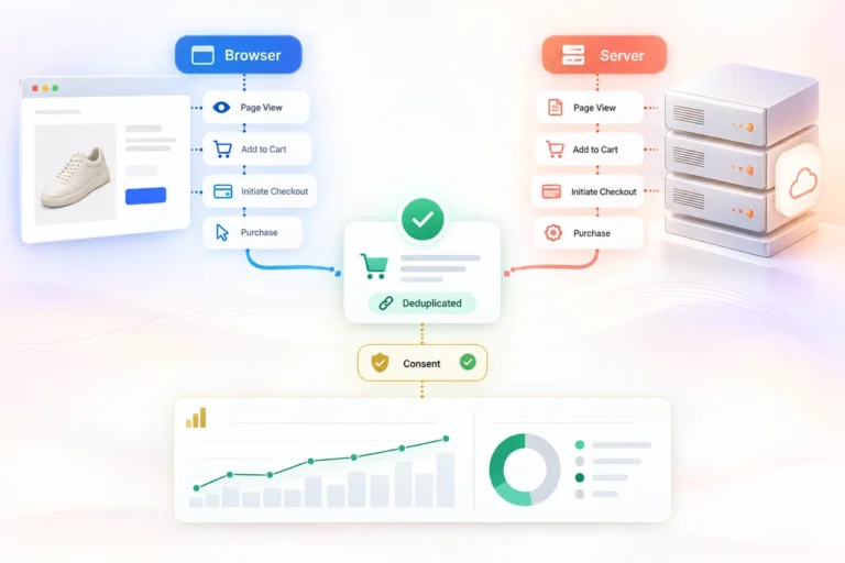 Browser pixel and server-side conversion events converging into a consented, deduplicated paid social conversion record
