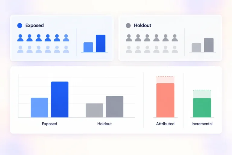 Incrementality dashboard comparing exposed and holdout audiences with attributed conversions and verified incremental lift