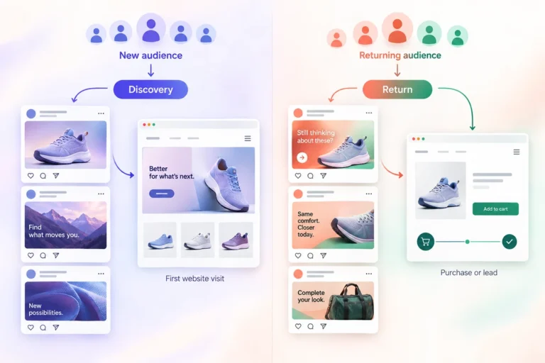 Paid social prospecting and retargeting paths comparing new-audience discovery with returning visitors and purchase intent