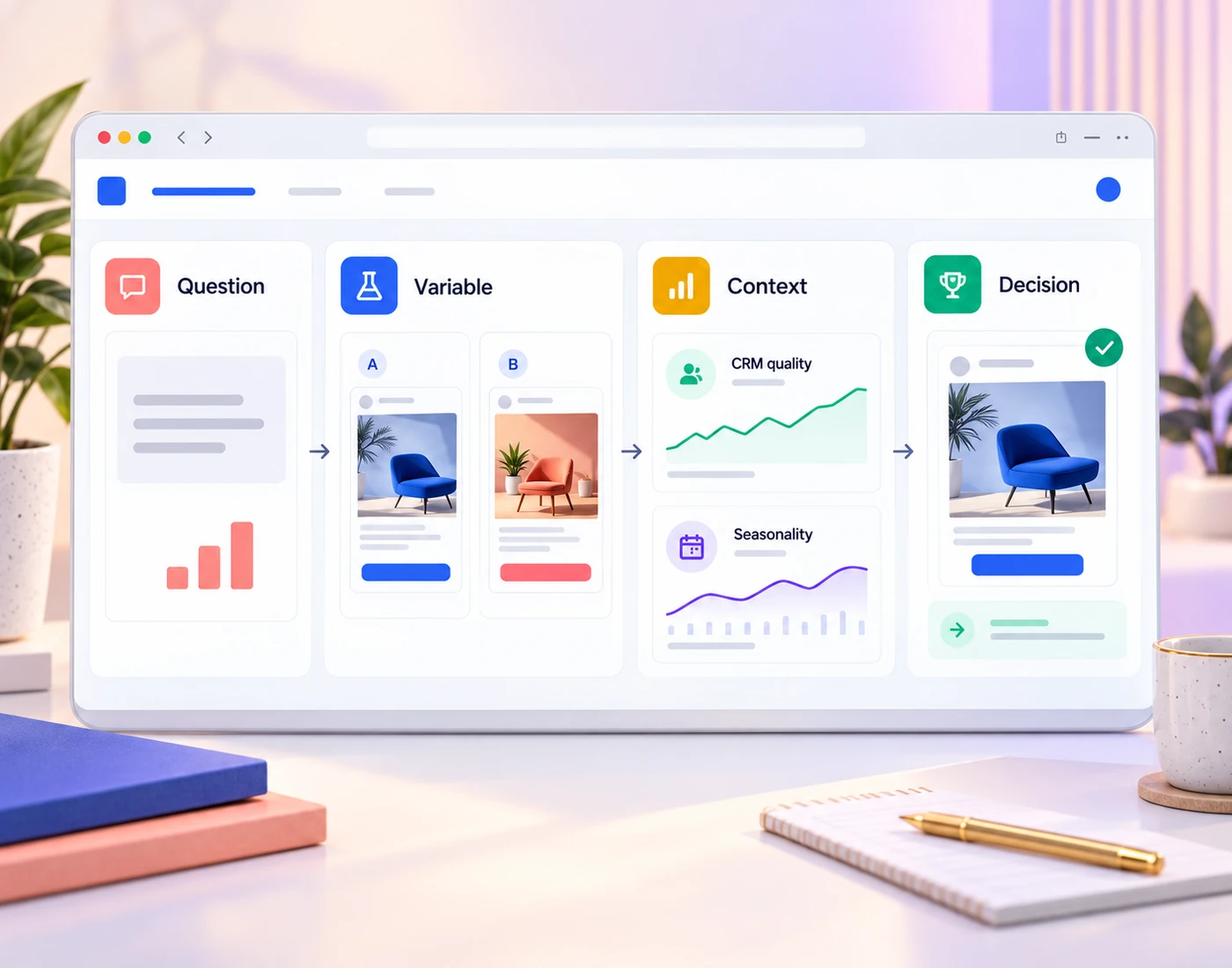 Paid social testing framework connecting the business question, isolated variable, CRM and seasonality context, and campaign decision