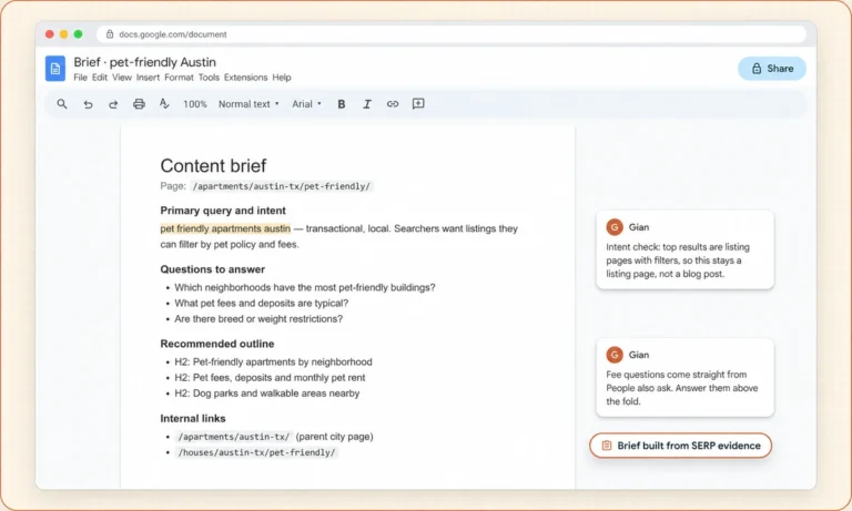 Content brief document for a pet-friendly Austin apartments page with primary query, intent, questions to answer, outline and internal links
