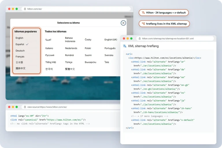 Hilton Spanish site language selector beside its XML sitemap listing hreflang alternates for 24 languages plus x-default, while the page HTML has only a lang attribute and self canonical