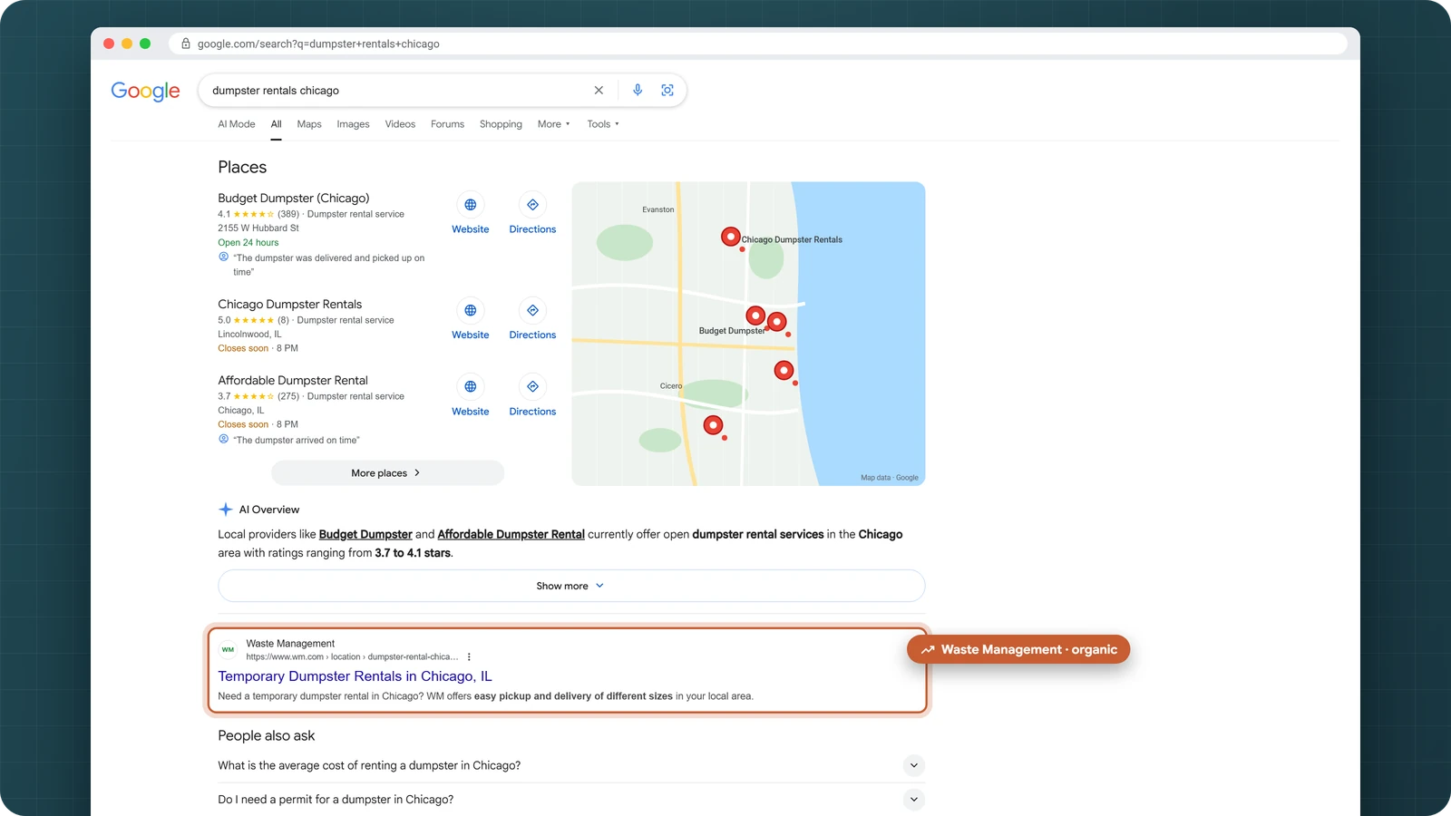 Google results for dumpster rentals Chicago with the Places map, AI Overview and Waste Management's organic result