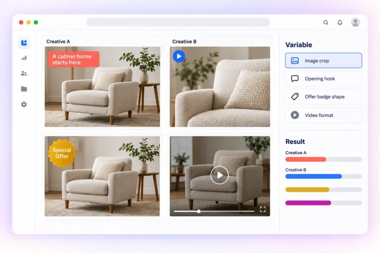 Social ad creative testing dashboard comparing image crops, hooks, offer treatments, video formats, and test results