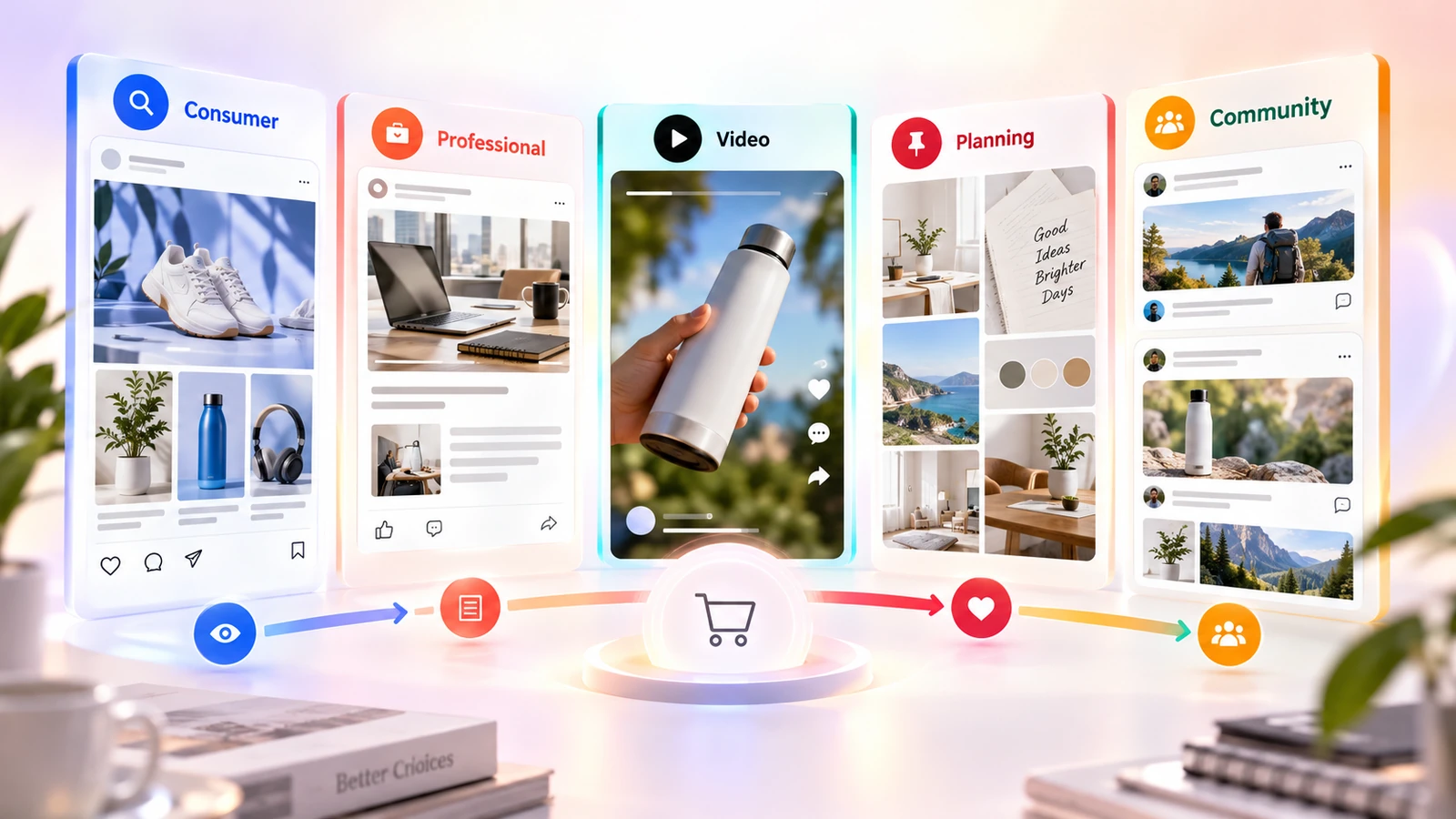Social advertising buying journeys across consumer, professional, video, planning, and community discovery interfaces