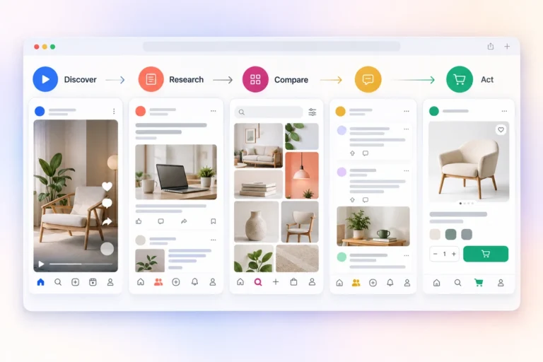 Customer journey from social discovery through research, comparison, community discussion, and conversion across distinct advertising interfaces