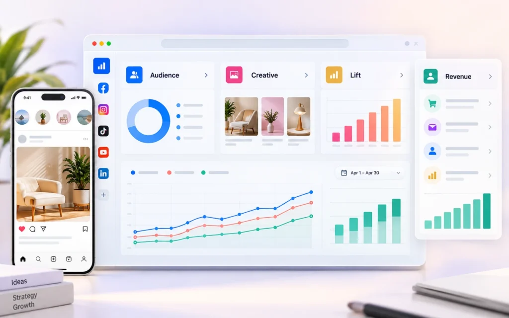 Paid social advertising command center connecting audience, creative, lift, and revenue across mobile ads, campaign analytics, and CRM outcomes