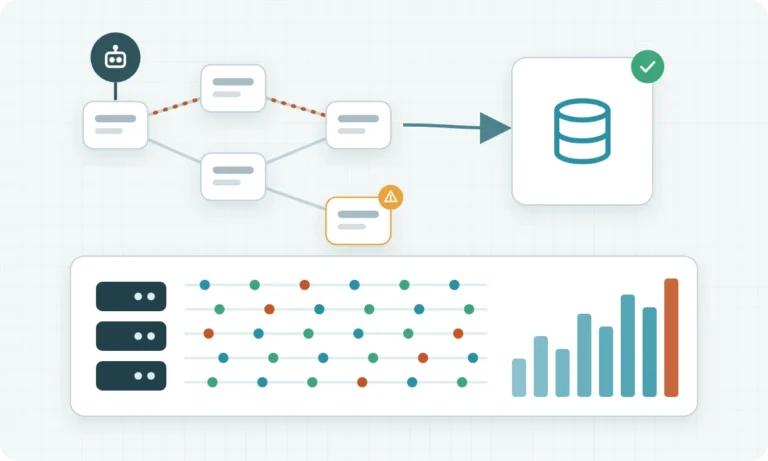 Crawler path across site URLs feeding a search index, with server log activity charted below