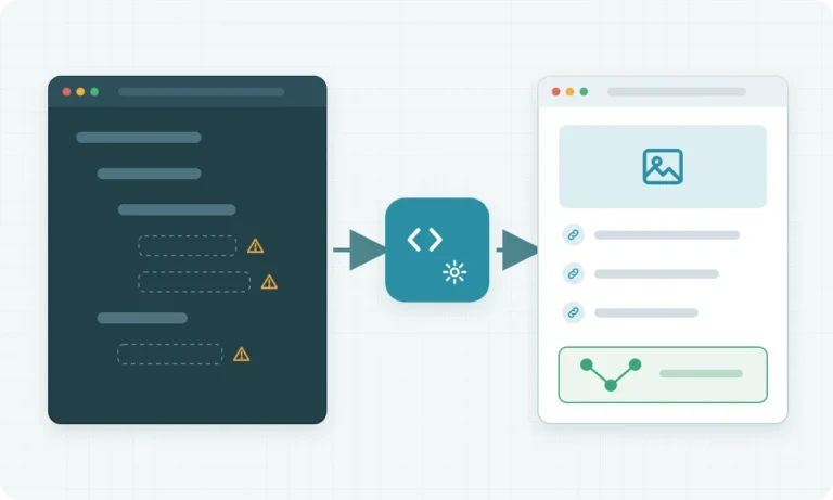 Source HTML with missing elements passing through a rendering engine into a complete rendered page with links and structured data