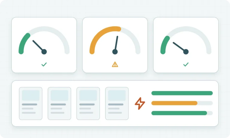 Core Web Vitals gauges for loading, responsiveness and visual stability above page templates with performance bars