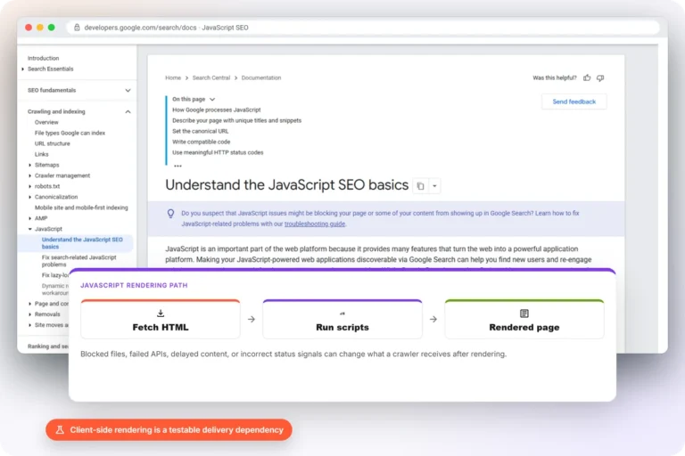 Google JavaScript SEO documentation with the client-side rendering path from fetched HTML through JavaScript execution to the completed rendered page