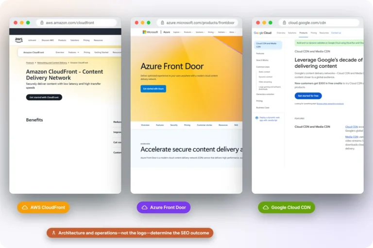 Amazon CloudFront, Azure Front Door and Google Cloud CDN product pages compared as cloud and edge delivery platforms whose SEO impact depends on implementation