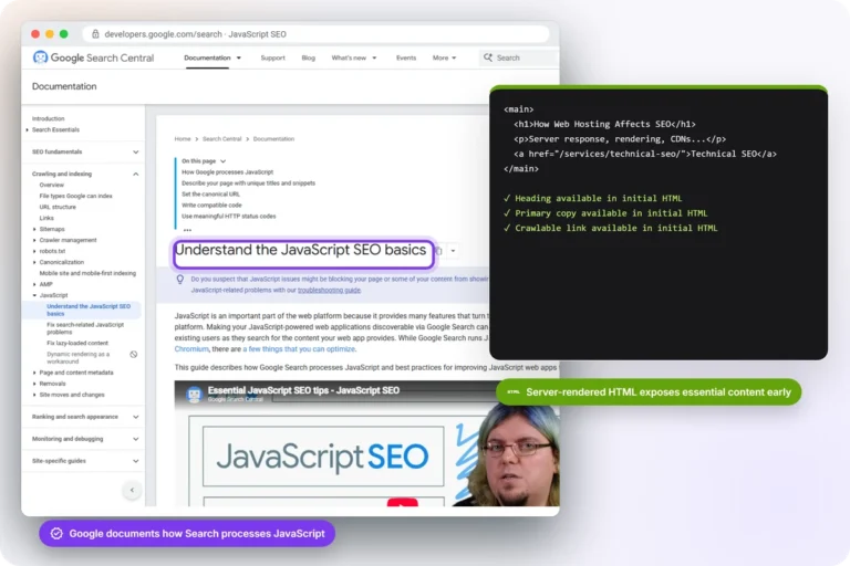Google JavaScript SEO documentation beside example server-rendered HTML with the page heading, primary copy and crawlable link available in the initial response